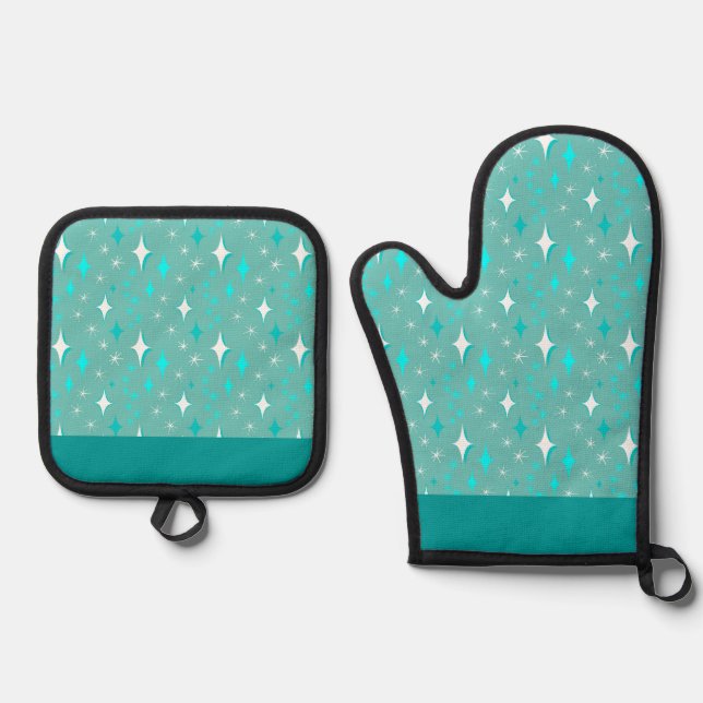 Retro Teal and White Star Pattern Kitchen Towel Oven Mitt & Pot Holder Set (Front)