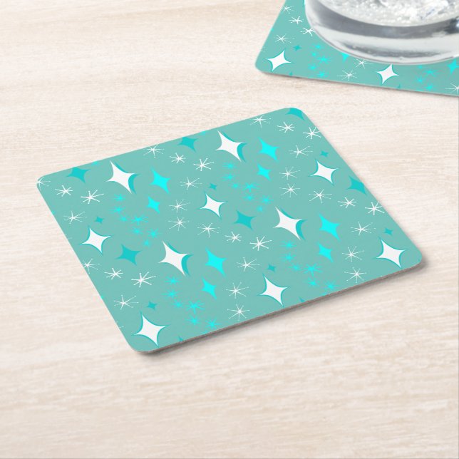 Retro Teal and White Star Pattern Square Paper Coaster (Angled)
