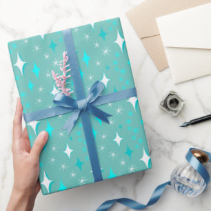 Retro Teal and White Star Pattern Wrapping Paper