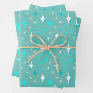 Retro Teal and White Stars Pattern Wrapping Paper Sheets