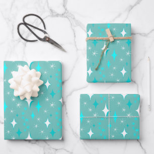 Retro Teal and White Stars Pattern Wrapping Paper Sheets