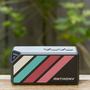 Retro Teal Aqua Blue Red Pink Black Stripes Art Bluetooth Speaker