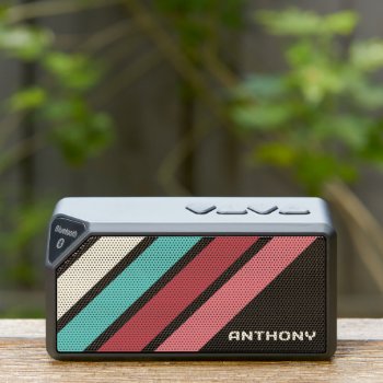 Retro Teal Aqua Blue Red Pink Black Stripes Art Bluetooth Speaker by CaseConceptCreations at Zazzle
