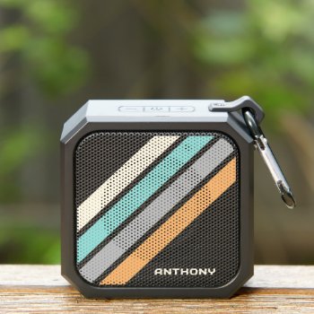 Retro Teal Aqua Blue Yellow Black Gray Stripes Art Bluetooth Speaker by CaseConceptCreations at Zazzle