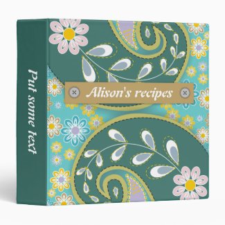Retro teal, aqua paisley colorful floral recipe binder