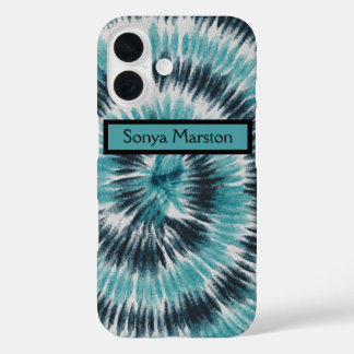 Retro Teal Blue and Black Tie Dye Spiral iPhone 16 Case