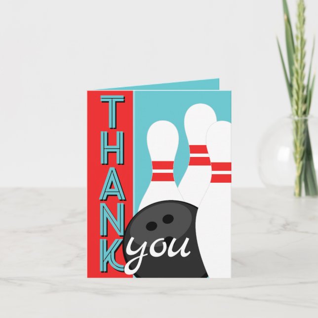 Retro Teal Blue and Red Bowling Thank You Cards (Front)