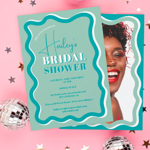 Retro teal blue curve squiggle wavy bridal shower invitation
