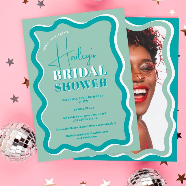 Retro teal blue curve squiggle wavy bridal shower invitation (Creator Uploaded)