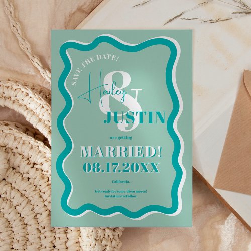 Retro teal blue curve squiggle wavy photo wedding save the date