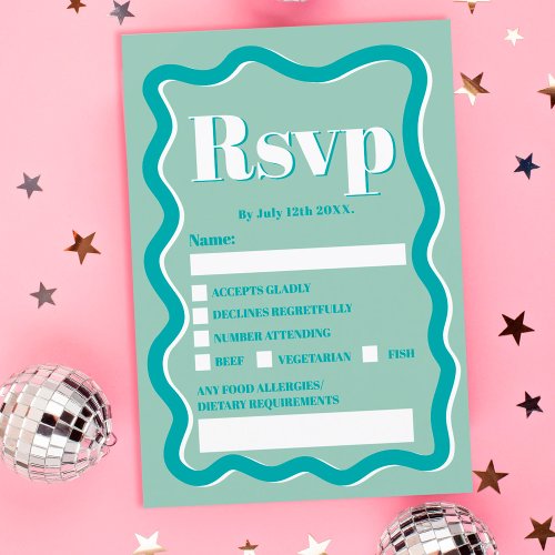 Retro teal blue curve squiggle wavy rsvp invitation