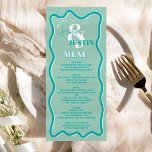 Retro teal blue curve squiggle wavy wedding menu<br><div class="desc">A cool bold wedding menu with custom names with a hand written calligraphy and serif font,  2 names ,  two styles with Retro boho teal blue curve squiggle wavy wedding. All the text,  names and background colors are customizable for you to mix and match your wedding suite.</div>