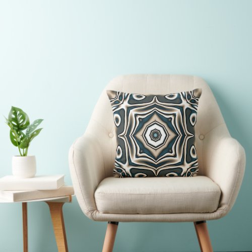 Retro Teal Blue Gray Taupe Brown Bohemian Bali Art Throw Pillow