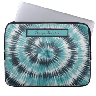 Retro Teal Blue Green and Black Spiral Tie Dye  Laptop Sleeve
