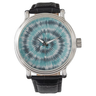 Retro Teal Blue Green and Black Spiral Tie Dye Watch