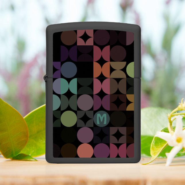 Retro Teal Blue Green Brown Black Mosaic Pattern Zippo Lighter (On Table)