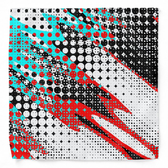 Retro Teal Blue & Red Halftone Circles Black White Bandana (Front)