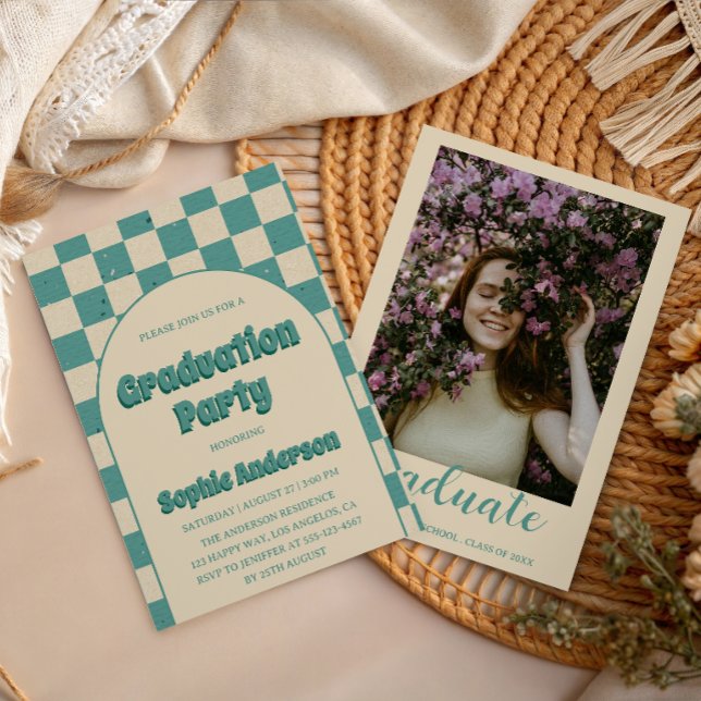 Retro Teal Checkerboard Arch Graduation Party    Invitation (Creator Uploaded)