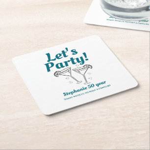 Retro Teal Cocktail Woman's 50th Birthday Party Square Paper Coaster
