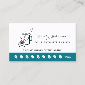 Retro Teal Coffee Pot Barista Loyalty Punch Card by GirlyBusinessCards at Zazzle