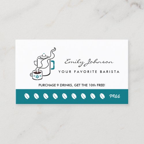 Retro Teal Coffee Pot Barista Loyalty Punch Card