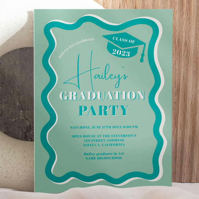 Retro teal curve squiggle wavy graduation invitation