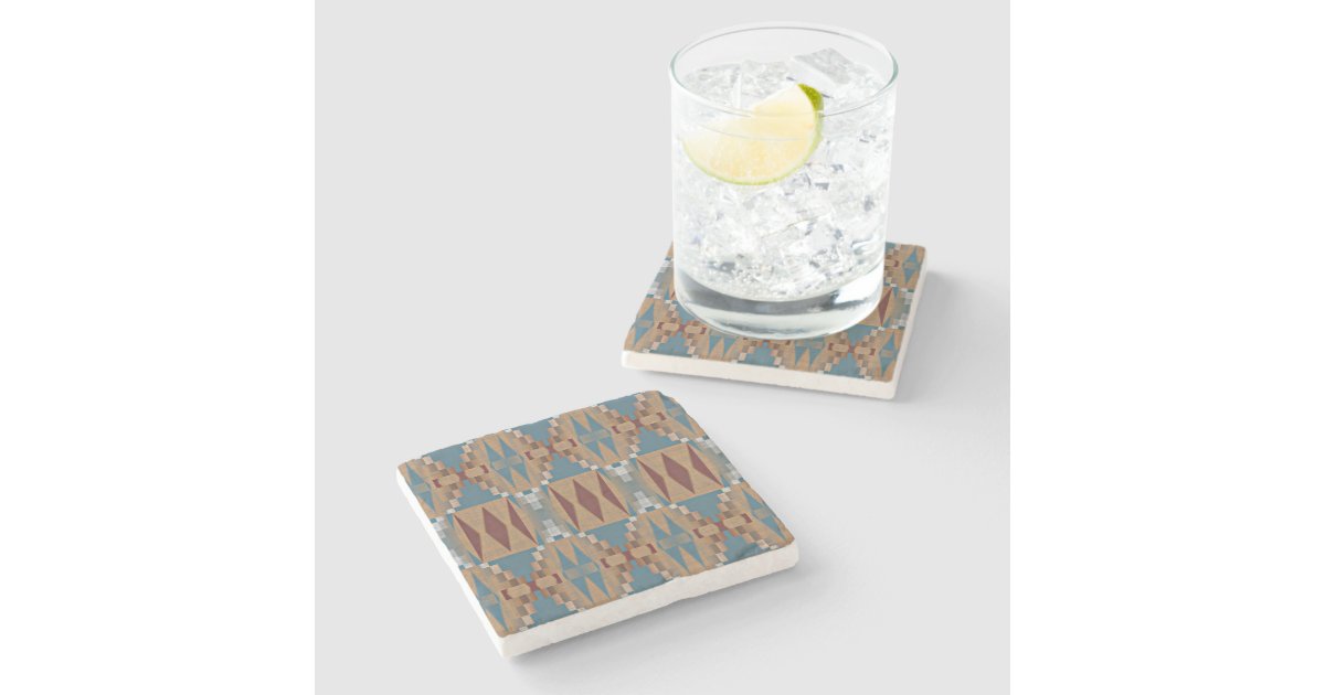 Retro Teal Dark Red Taupe Brown Gray Art Pattern Stone Coaster