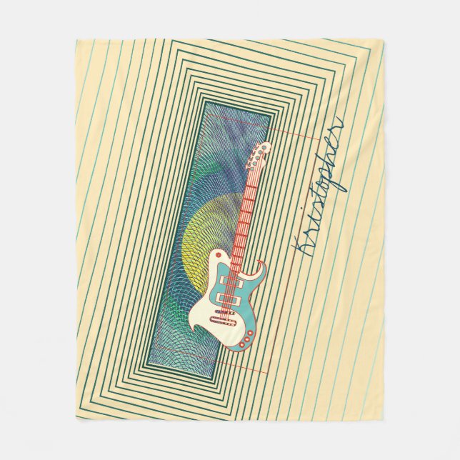 Retro Teal Electric Guitar Cool Personalized Name Fleece Blanket (Front)