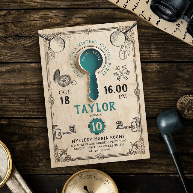 Retro Teal Escape Room Key Mystery Solving Spy Invitation (Creator Uploaded)