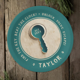 Retro Teal Escape Room Key Solve Treasure Hunt Paper Plates
