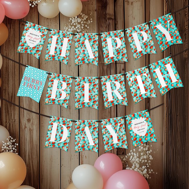 Retro Teal Floral Strawberry Berry First Birthday Bunting Flags (Creator Uploaded)