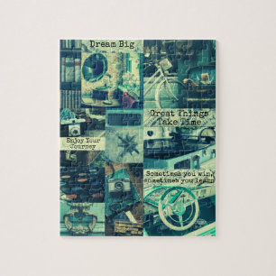 Retro Teal Mood Board Custom Inspirational Quotes Jigsaw Puzzle