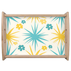 Retro Teal Mustard Floral Burst Serving Tray