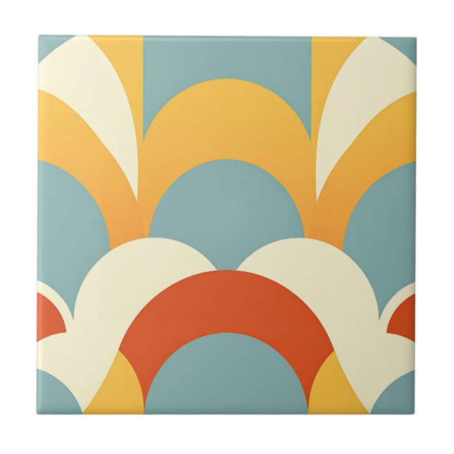 Retro Teal Mustard Scallop Pattern Ceramic Tile (Front)