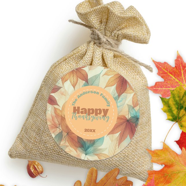 Retro Teal Orange Autumn Leaf Thanksgiving Classic Round Sticker (Creator Uploaded)