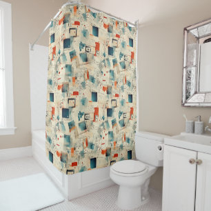 Retro Teal Orange Camera Cassette Ephemera Shower Curtain