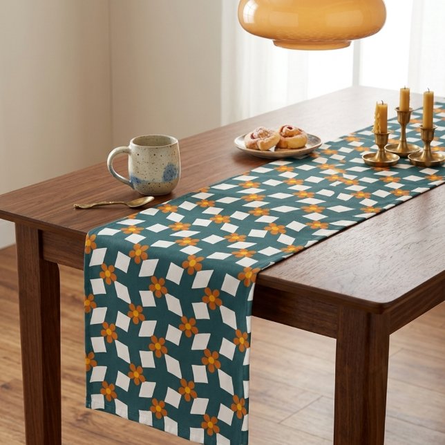 Retro Teal & Orange Floral Grid Table Runner (Creator Uploaded)