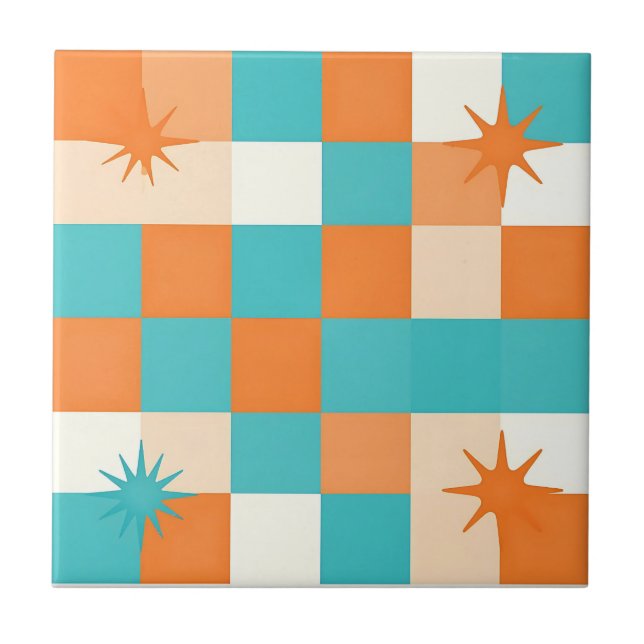 Retro Teal Orange Starburst Checkerboard Ceramic Tile (Front)