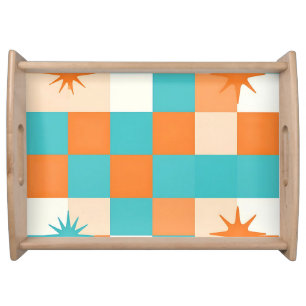 Retro Teal Orange Starburst Checkerboard Serving Tray