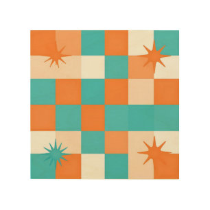 Retro Teal Orange Starburst Checkerboard Wood Wall Art