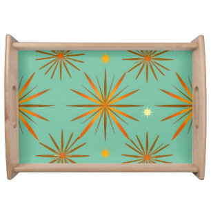 Retro Teal Orange Starburst Pattern Serving Tray