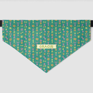 Retro Teal Patchwork Floral Custom Large Pet Bandana Collar