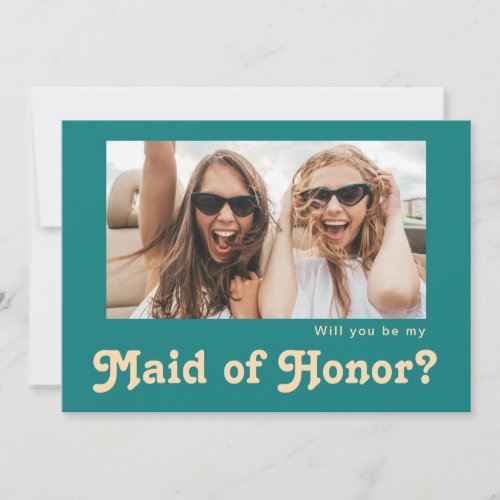 Retro Teal Photo Maid of Honor Proposal Card