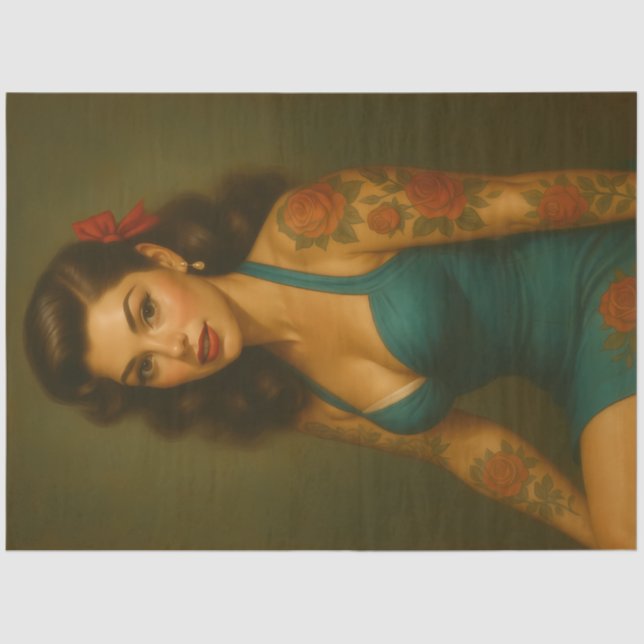 Retro Teal Pin-Up Tattoo Decoupage Tissue Paper (Front)