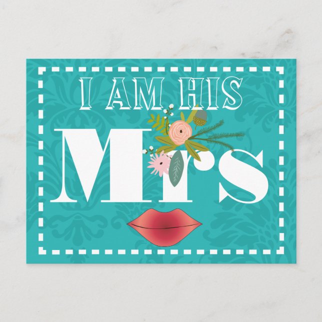 Retro Teal Pink Coral Red Damask Wedding Postcard (Front)