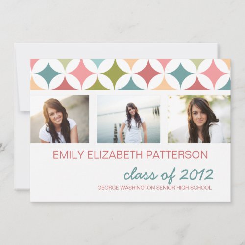 Retro Teal Pink Three Photo Graduation Invitation