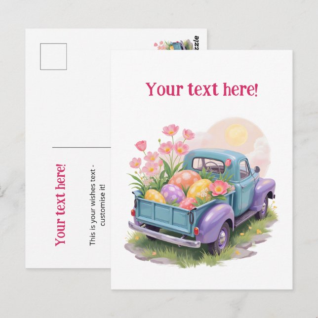 Retro Teal & Purple Truck with Easter Eggs Postcard (Front/Back)