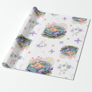 Retro Teal & Purple Truck with Easter Eggs Wrapping Paper