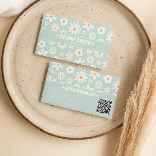 Retro Teal QR Code 70S Groovy Floral Boho Unique Business Card