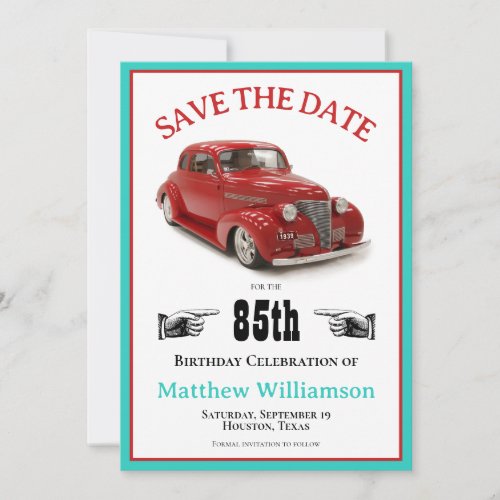 Retro Teal  Red 1939 Coupe 85th Birthday Save The Date